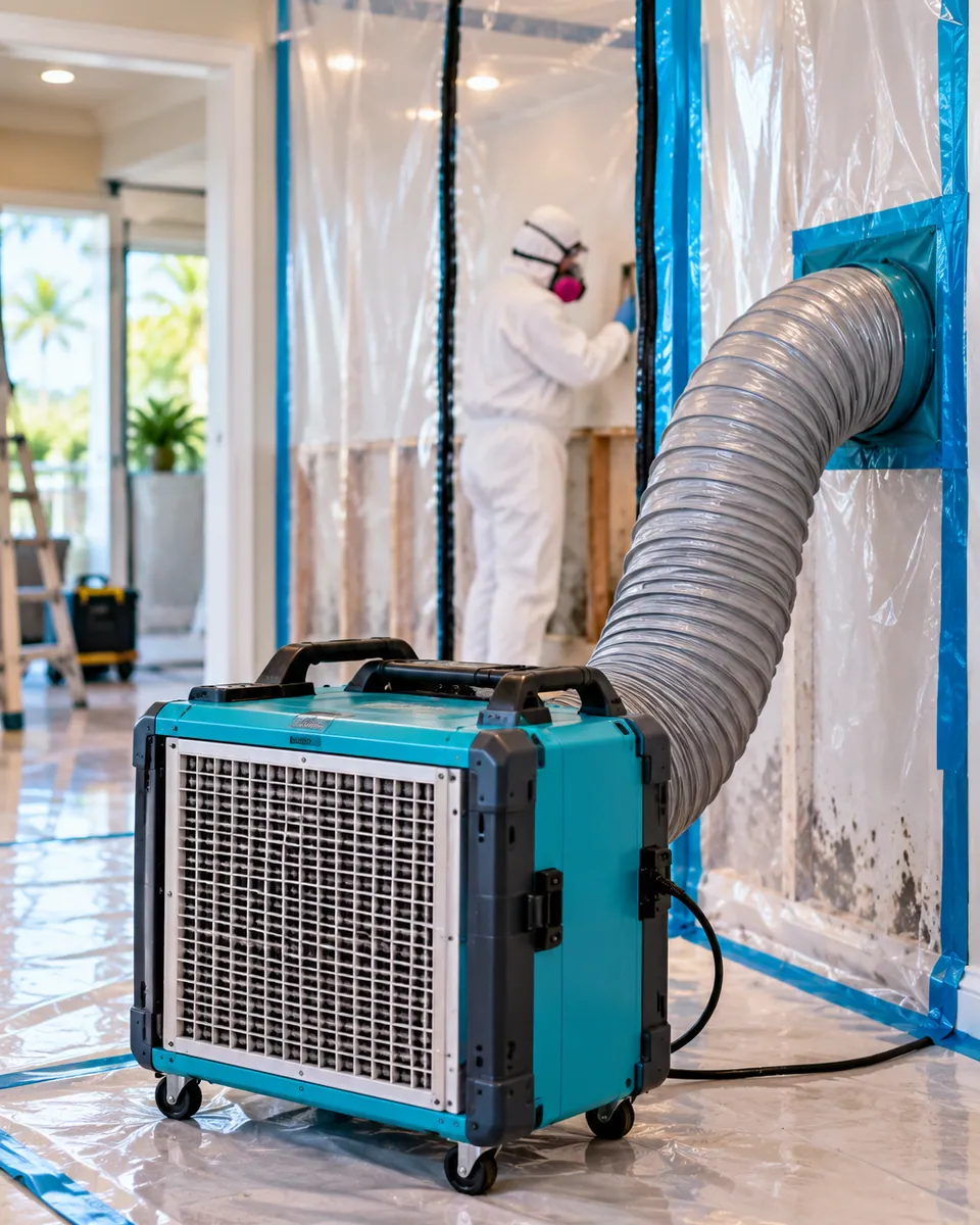 HEPA air scrubber and poly containment set up for mold remediation in Royal Palm Beach
