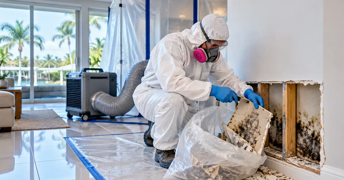 Musty-Smell Mold Removal in Royal Palm Beach, FL — technician removing mold under containment